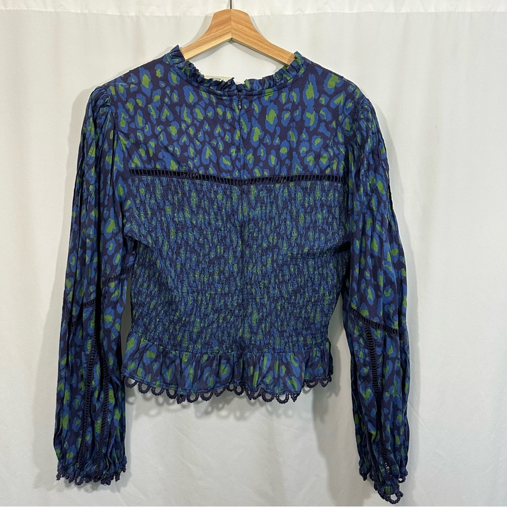 Farm Rio Leopard Pop Smocked Embroidered Lace Long Sleeve Peplum Top - Picture 9 of 14